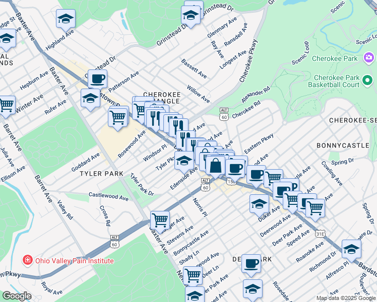 map of restaurants, bars, coffee shops, grocery stores, and more near 1401 Bardstown Road in Louisville