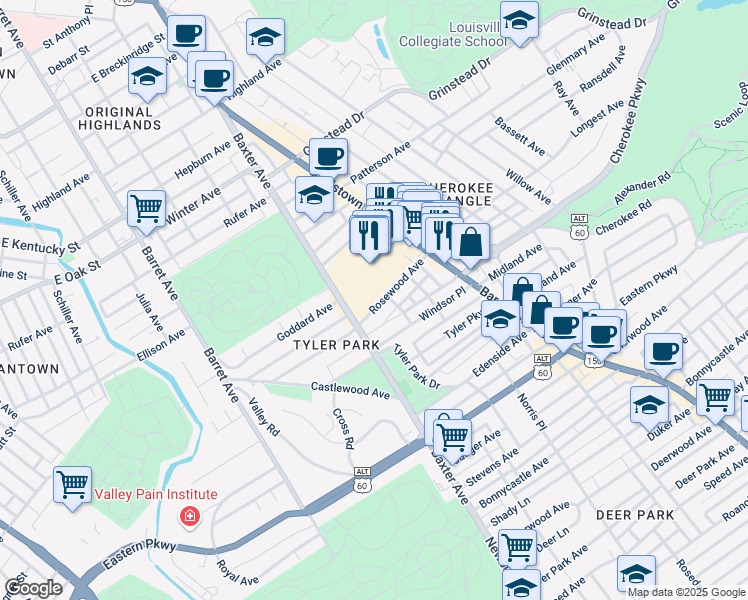 map of restaurants, bars, coffee shops, grocery stores, and more near 1625 Rosewood Avenue in Louisville