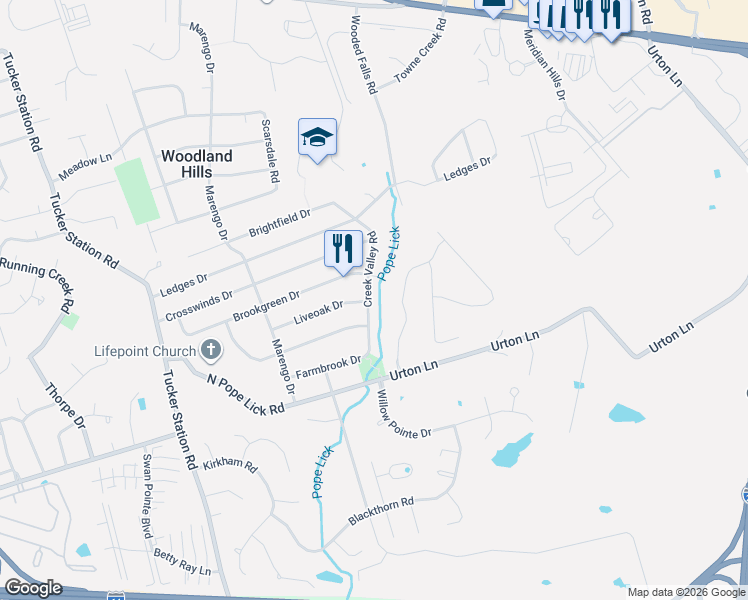 map of restaurants, bars, coffee shops, grocery stores, and more near 809 Creek Valley Road in Louisville
