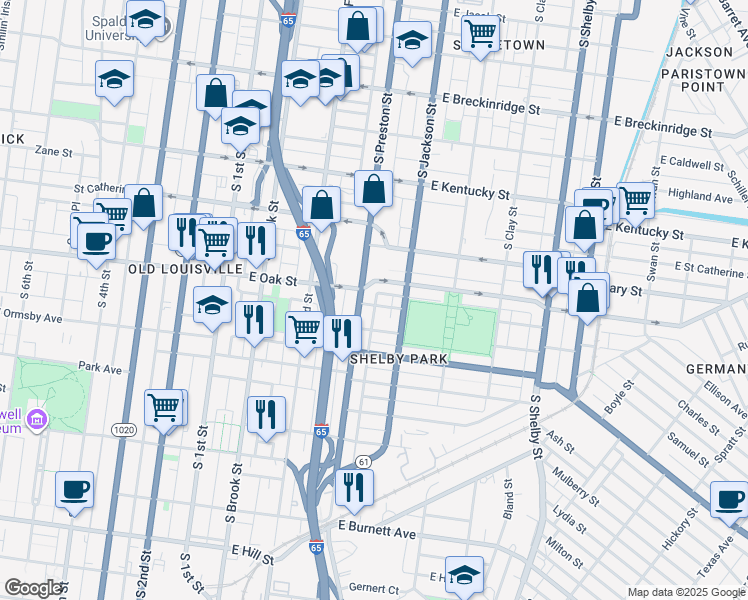 map of restaurants, bars, coffee shops, grocery stores, and more near 411 Gwendolyn Street in Louisville