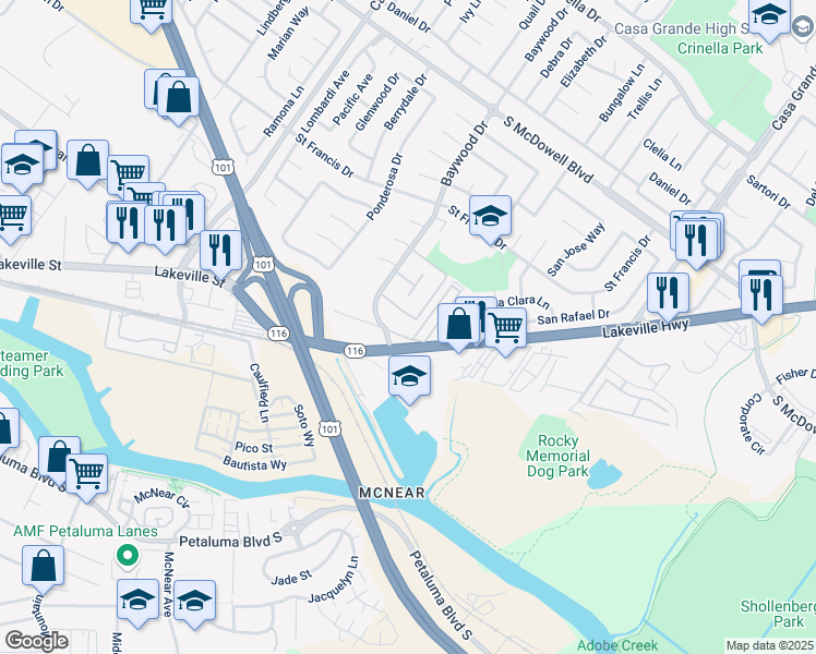 map of restaurants, bars, coffee shops, grocery stores, and more near 830 Perry Ln in Petaluma