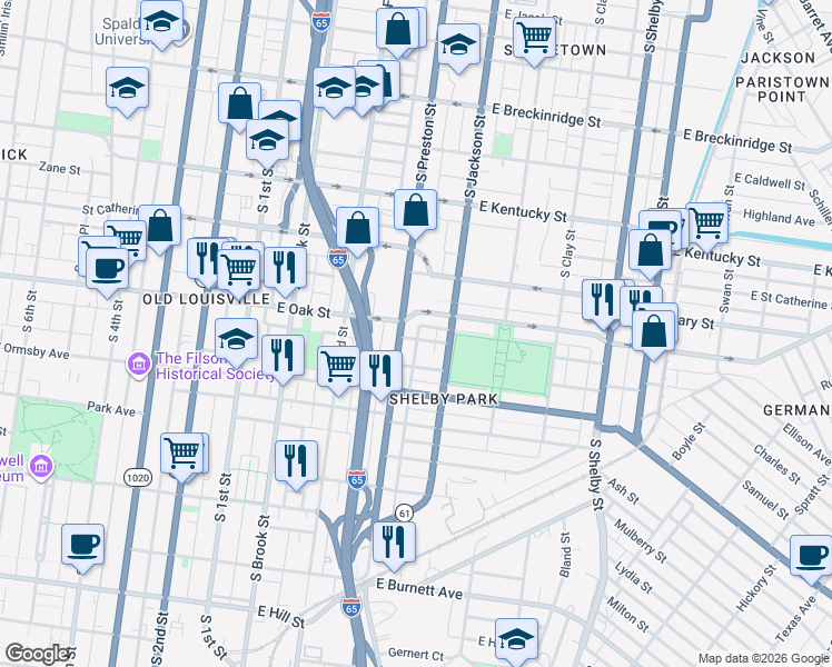 map of restaurants, bars, coffee shops, grocery stores, and more near 411 Gwendolyn Street in Louisville