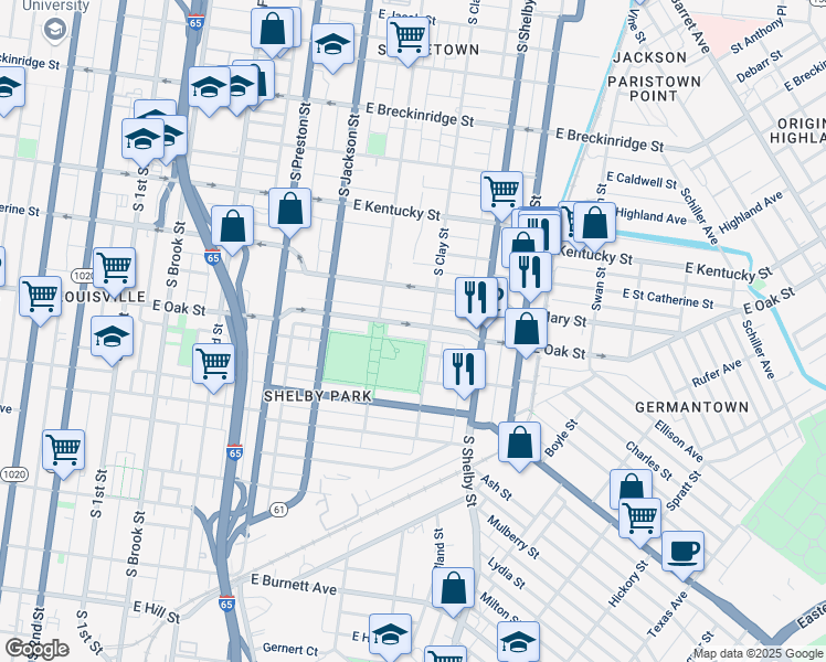 map of restaurants, bars, coffee shops, grocery stores, and more near 628 East Oak Street in Louisville