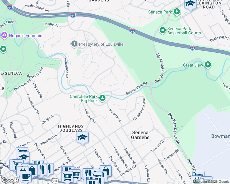 map of restaurants, bars, coffee shops, grocery stores, and more near 2901 Seneca Park Road in Louisville