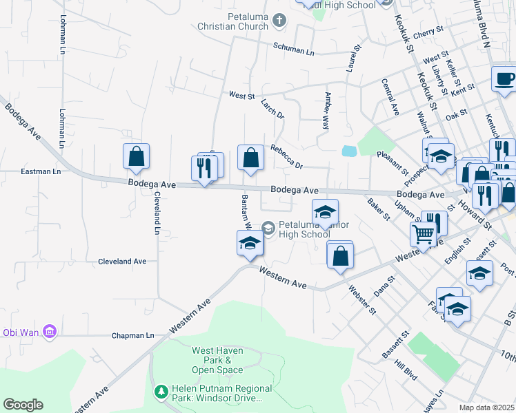 map of restaurants, bars, coffee shops, grocery stores, and more near 787 El Paseo Drive in Petaluma