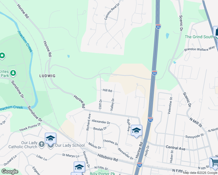 map of restaurants, bars, coffee shops, grocery stores, and more near 1309 Hill Road in Festus