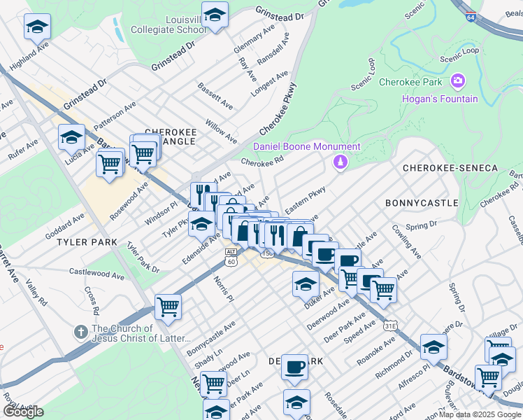 map of restaurants, bars, coffee shops, grocery stores, and more near in Louisville