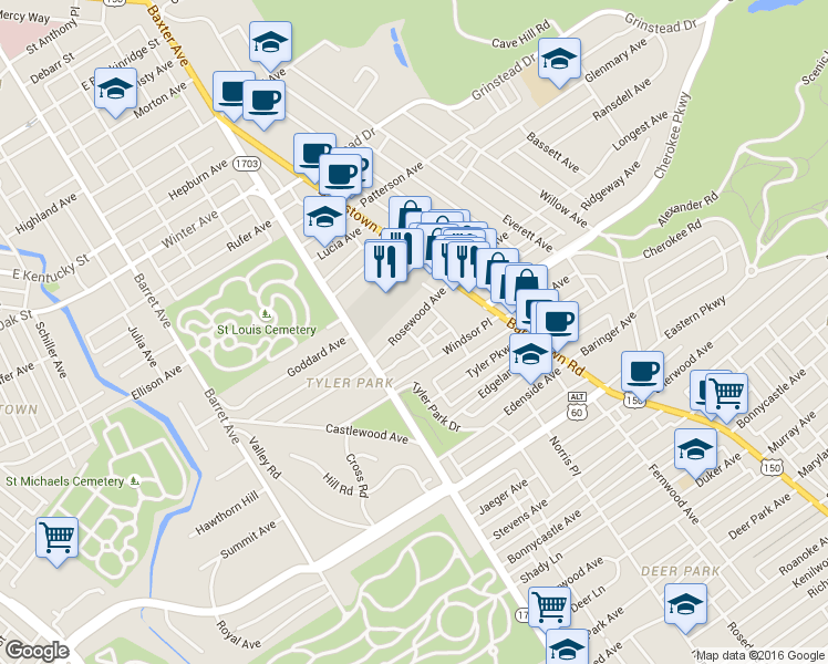 map of restaurants, bars, coffee shops, grocery stores, and more near 1317 Mossrose Avenue in Louisville
