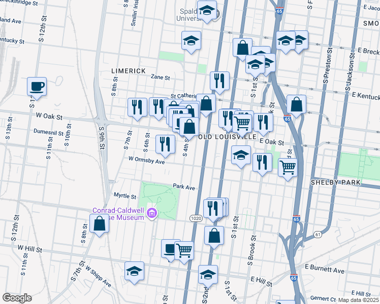 map of restaurants, bars, coffee shops, grocery stores, and more near 1238 South 3rd Street in Louisville