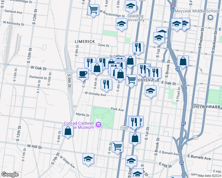 map of restaurants, bars, coffee shops, grocery stores, and more near 1244 South 4th Street in Louisville