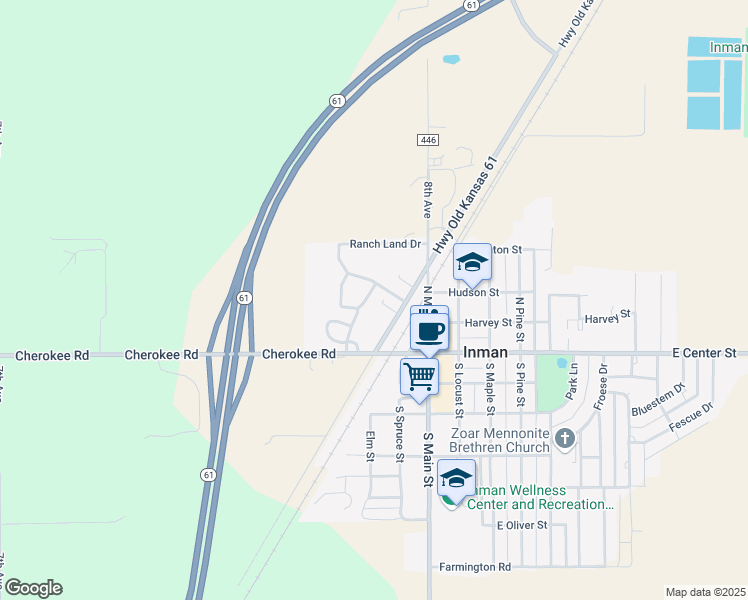 map of restaurants, bars, coffee shops, grocery stores, and more near Old Kansas 61 in Inman