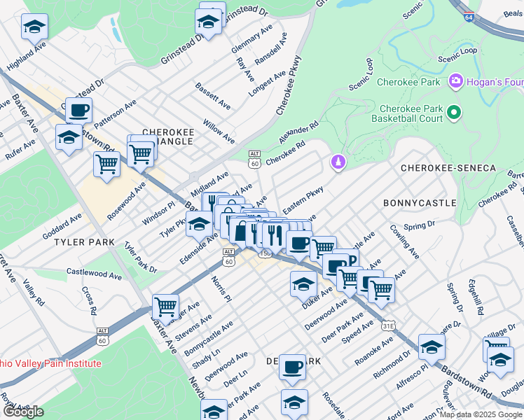 map of restaurants, bars, coffee shops, grocery stores, and more near 1418 Willow Avenue in Louisville