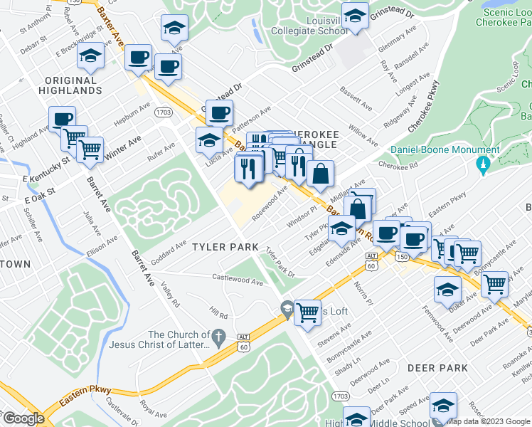 map of restaurants, bars, coffee shops, grocery stores, and more near 1700 Rosewood Avenue in Louisville