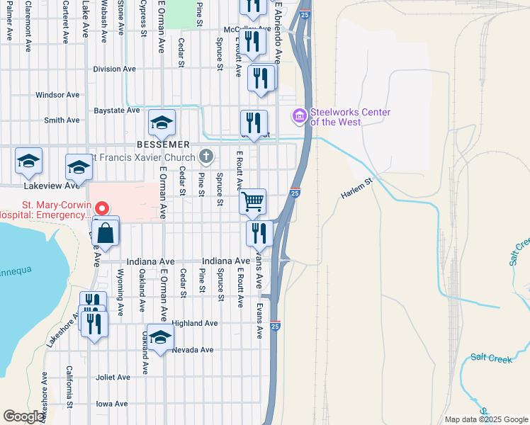 map of restaurants, bars, coffee shops, grocery stores, and more near 1920 East Evans Avenue in Pueblo