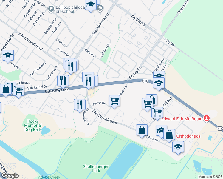 map of restaurants, bars, coffee shops, grocery stores, and more near 3200 Lakeville Highway in Petaluma