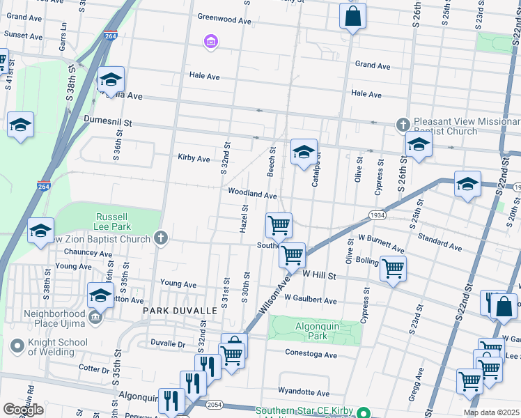 map of restaurants, bars, coffee shops, grocery stores, and more near 1419 Beech Street in Louisville