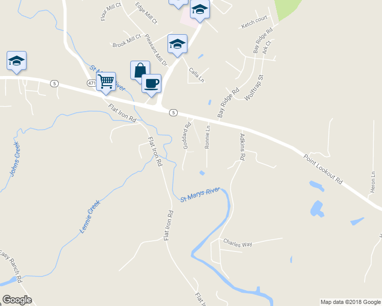 map of restaurants, bars, coffee shops, grocery stores, and more near 20614 Goddard Road in Lexington Park