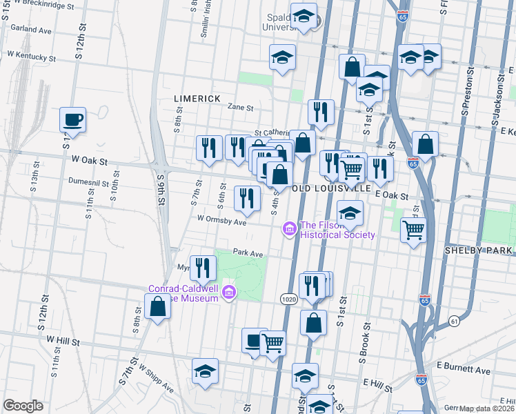 map of restaurants, bars, coffee shops, grocery stores, and more near 1244 South 4th Street in Louisville