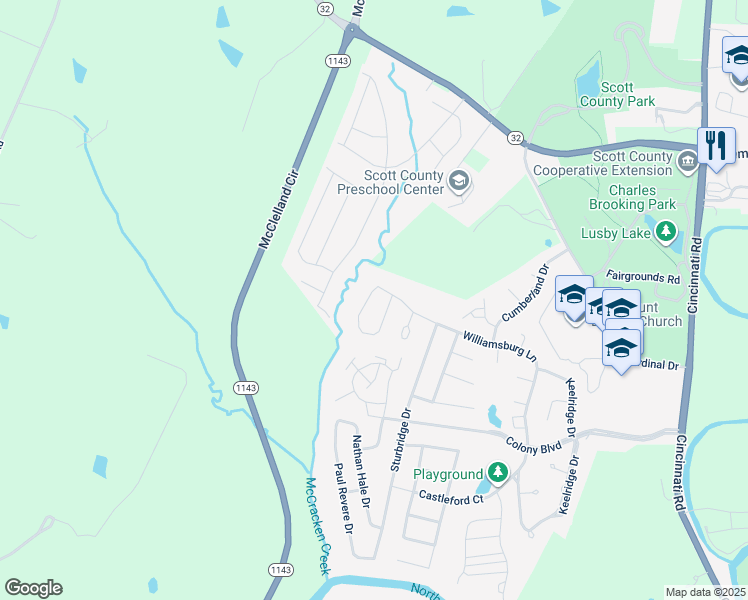 map of restaurants, bars, coffee shops, grocery stores, and more near 315 Williamsburg Lane in Georgetown