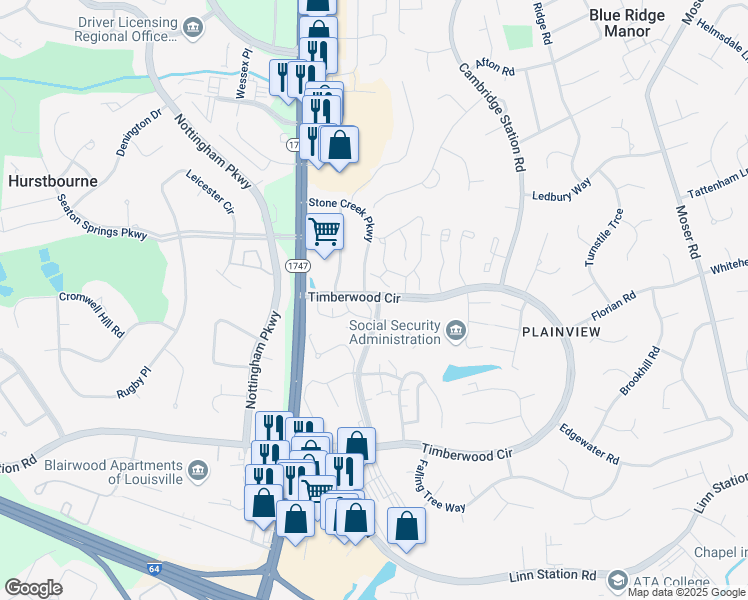 map of restaurants, bars, coffee shops, grocery stores, and more near 10533 Timberwood Circle in Louisville
