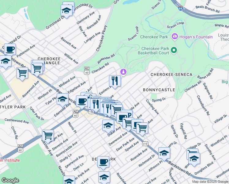 map of restaurants, bars, coffee shops, grocery stores, and more near 2075 Sherwood Avenue in Louisville