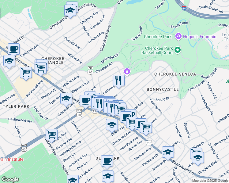 map of restaurants, bars, coffee shops, grocery stores, and more near 2075 Sherwood Avenue in Louisville
