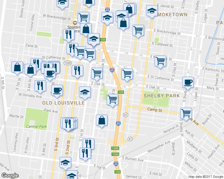 map of restaurants, bars, coffee shops, grocery stores, and more near 1220 South Floyd Street in Louisville