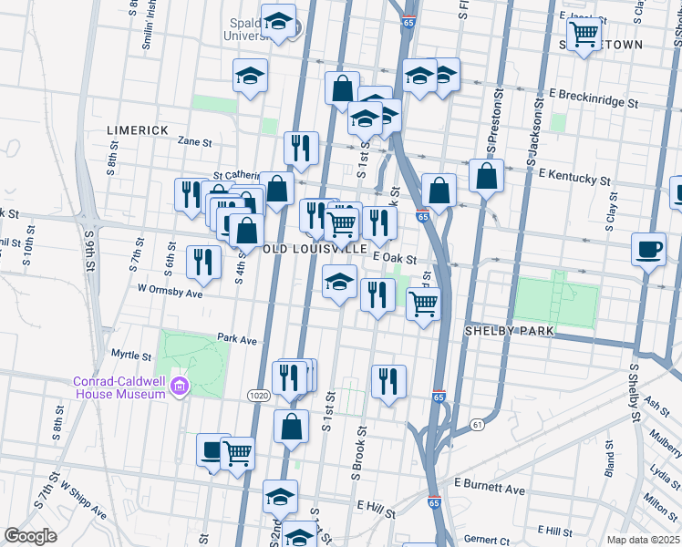 map of restaurants, bars, coffee shops, grocery stores, and more near 1233 South 2nd Street in Louisville