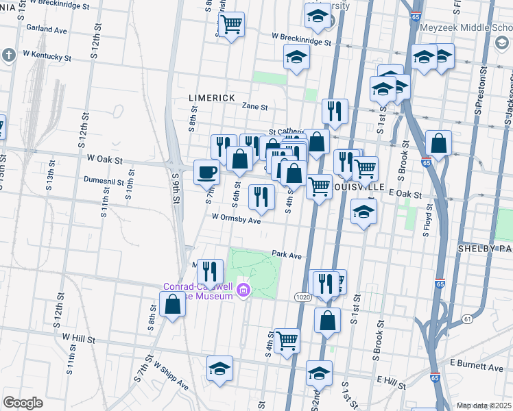 map of restaurants, bars, coffee shops, grocery stores, and more near 505 West Ormsby Avenue in Louisville