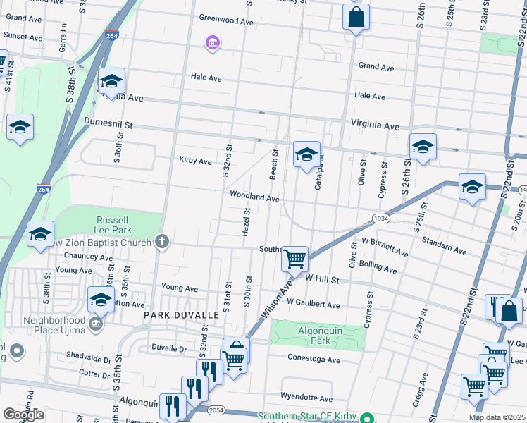 map of restaurants, bars, coffee shops, grocery stores, and more near 1419 Beech Street in Louisville