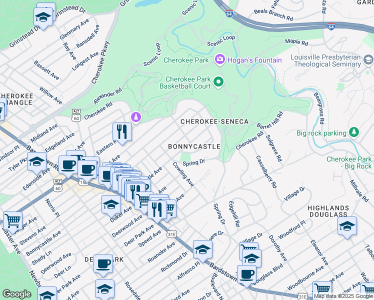map of restaurants, bars, coffee shops, grocery stores, and more near 2222 Bonnycastle Avenue in Louisville