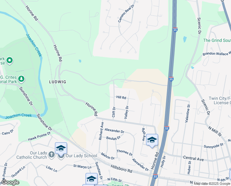 map of restaurants, bars, coffee shops, grocery stores, and more near 1329 Hill Road in Festus