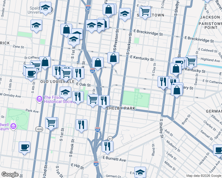 map of restaurants, bars, coffee shops, grocery stores, and more near 411 Gwendolyn Street in Louisville