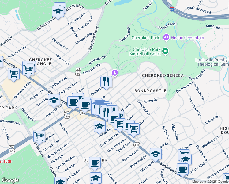 map of restaurants, bars, coffee shops, grocery stores, and more near 2124 Sherwood Avenue in Louisville