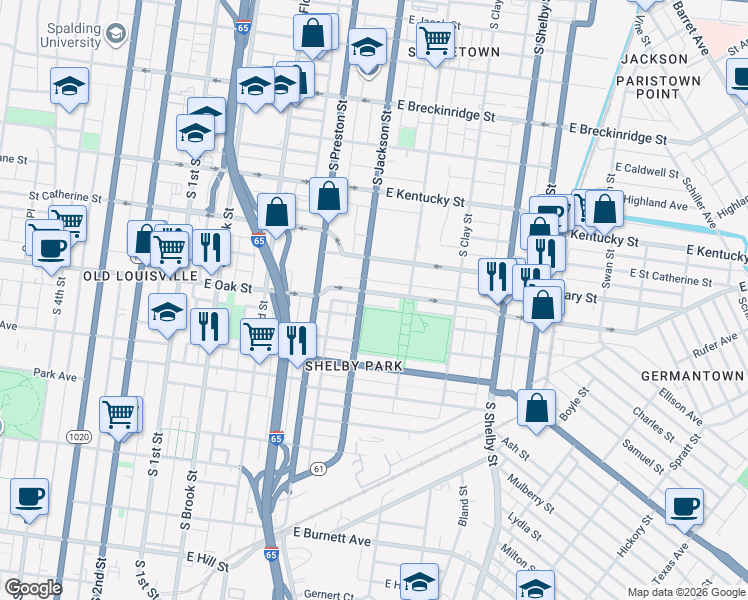 map of restaurants, bars, coffee shops, grocery stores, and more near 1220 South Jackson Street in Louisville