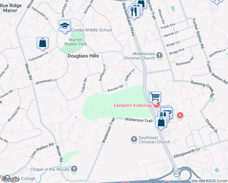 map of restaurants, bars, coffee shops, grocery stores, and more near 11010 Brechin Road in Louisville