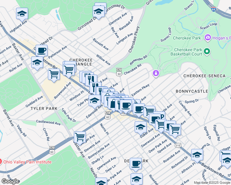 map of restaurants, bars, coffee shops, grocery stores, and more near 2015 Baringer Avenue in Louisville