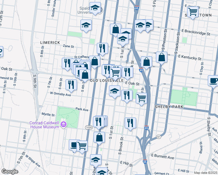 map of restaurants, bars, coffee shops, grocery stores, and more near 1233 South 2nd Street in Louisville