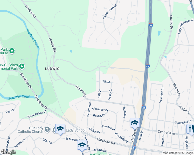 map of restaurants, bars, coffee shops, grocery stores, and more near 1329 Hill Road in Festus