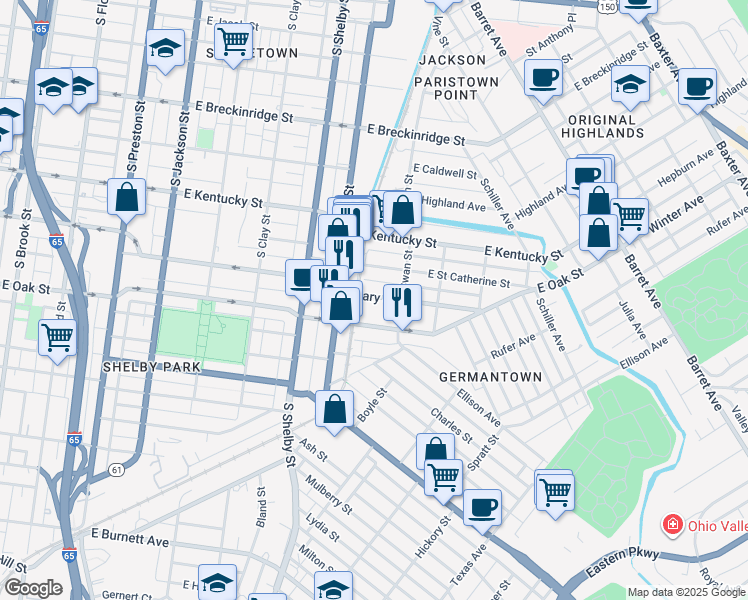 map of restaurants, bars, coffee shops, grocery stores, and more near 927 East Oak Street in Louisville
