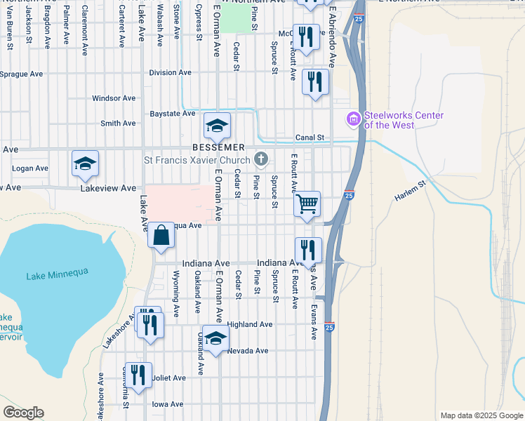 map of restaurants, bars, coffee shops, grocery stores, and more near 603 Minnequa Avenue in Pueblo