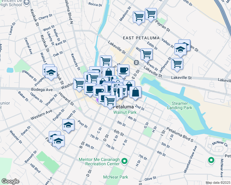 map of restaurants, bars, coffee shops, grocery stores, and more near 101 2nd Street in Petaluma