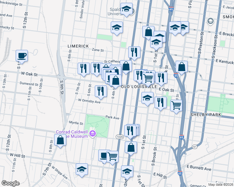 map of restaurants, bars, coffee shops, grocery stores, and more near 1238 South 3rd Street in Louisville