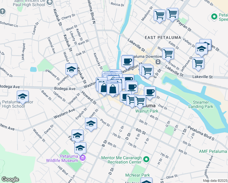 map of restaurants, bars, coffee shops, grocery stores, and more near 101 Western Avenue in Petaluma