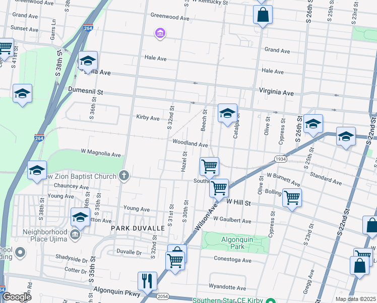 map of restaurants, bars, coffee shops, grocery stores, and more near 1413 Hazel Street in Louisville