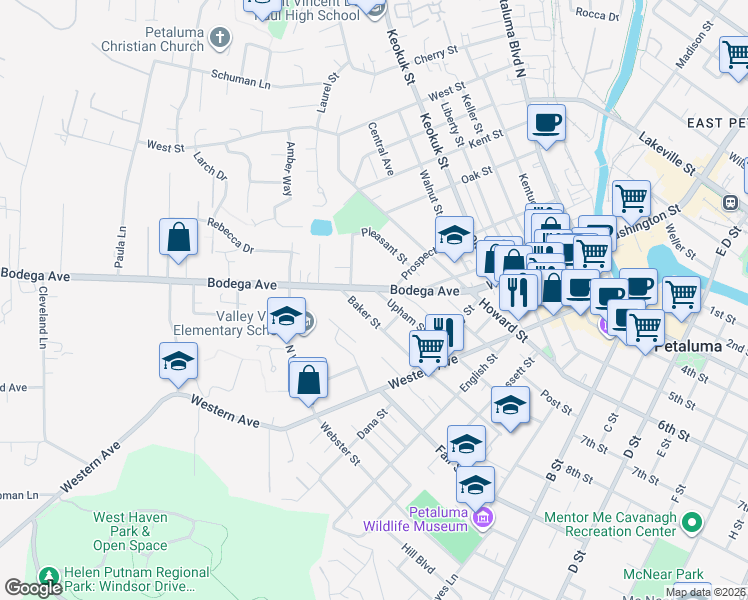 map of restaurants, bars, coffee shops, grocery stores, and more near 617 Baker Street in Petaluma