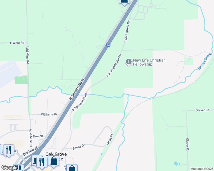 map of restaurants, bars, coffee shops, grocery stores, and more near 1250 East Springfield Road in Sullivan