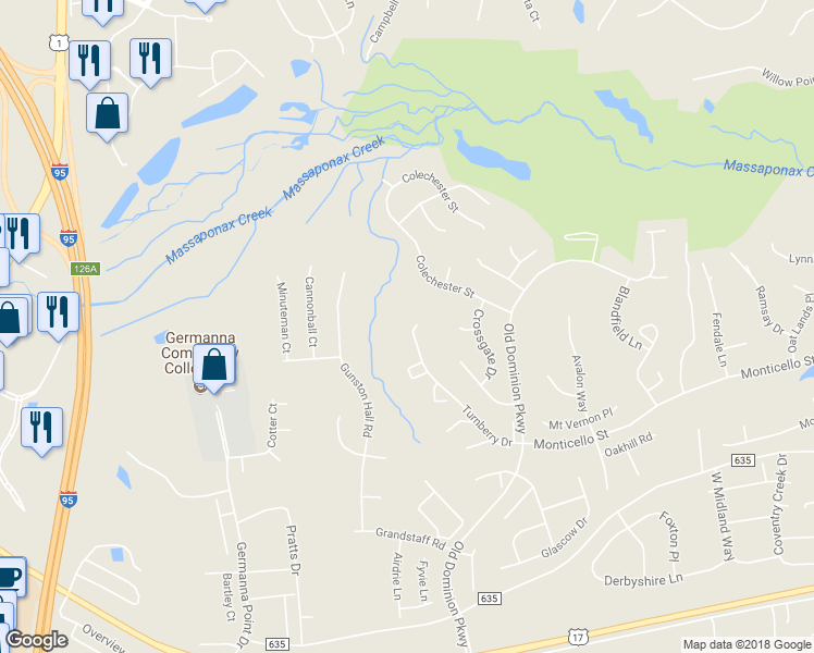 map of restaurants, bars, coffee shops, grocery stores, and more near 4802 Turnberry Drive in Fredericksburg