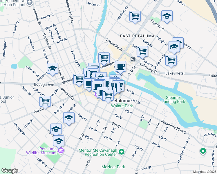 map of restaurants, bars, coffee shops, grocery stores, and more near 5 Petaluma Boulevard South in Petaluma