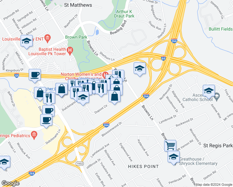 map of restaurants, bars, coffee shops, grocery stores, and more near 4010 Dupont Circle in Saint Matthews